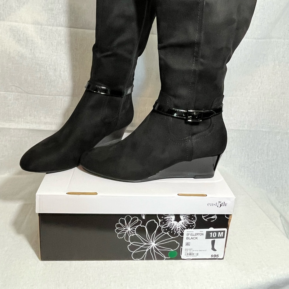 NWT Faux Suede Black Knee High Wedge Boots Women’s Size 10M
